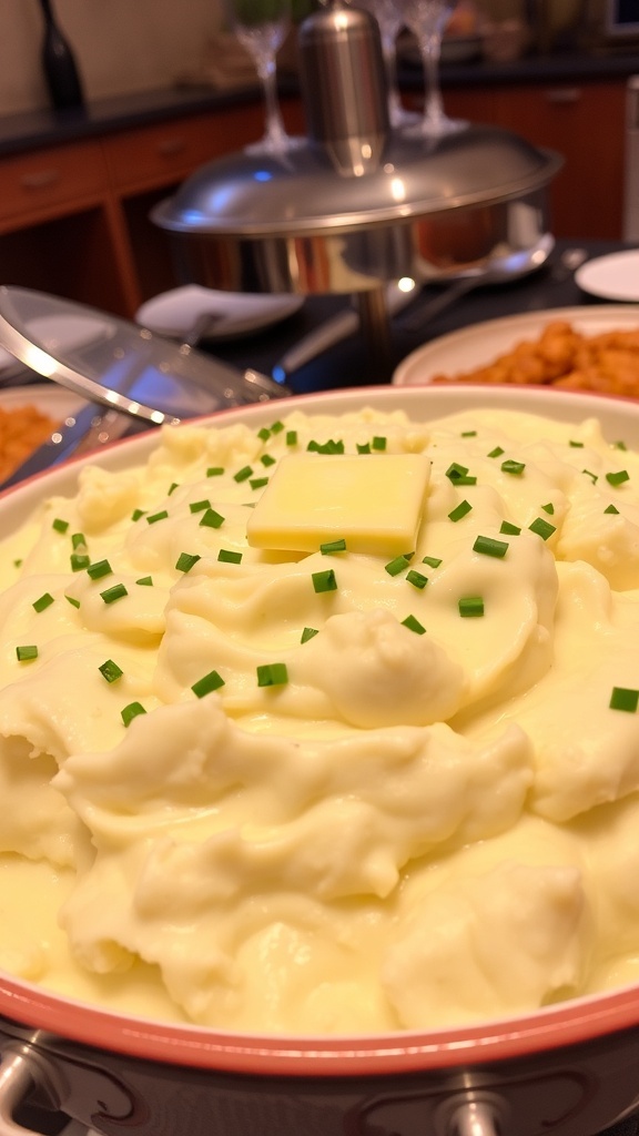 A large bowl of creamy mashed potatoes with butter and chives, ready to serve at a gathering.